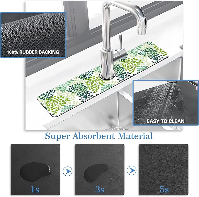 Green Leafy Faucet Mat for Kitchen Sink Verdant Vein, Soft Diatom Mud Material, Strong Water Absorption, Non-slip, Easy to Clean for Bathroom, Kitchen 23.5"X5.5"