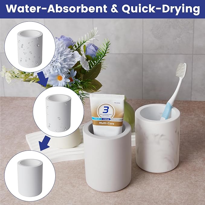 Drying Stone Toothbrush Holder, Diatomite Toothbrush Holders for Bathroom Counter, Quick Drying Electric Toothbrush and Toothpaste Holder Bathroom Organizer, Marble White