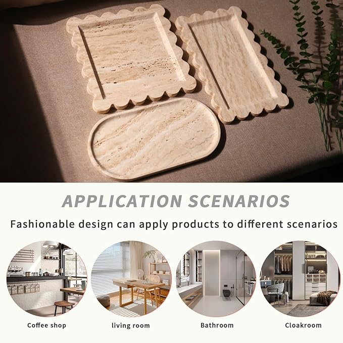 Natural 100% Marble Vanity Tray Luxury Scalloped Marble Tray, Travertine Tray for Home Decor Bathroom Kitchen Candle Key (Square-9.8 * 9.8-Beige Travertine)