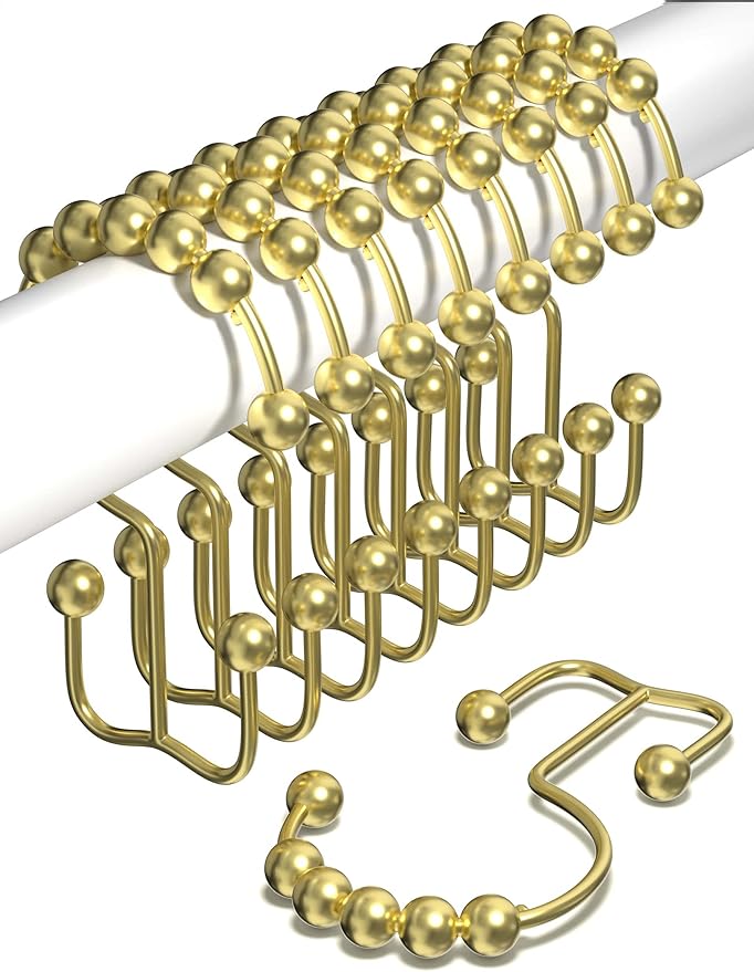 Shower Curtain Hooks Rust Proof (Set of 12) - Stainless Steel Shower Curtain Rings - Anti Slip Roller Balls for Easy Glide (Double Anchor Hooks, Polished Gold)