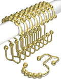 Shower Curtain Hooks Rust Proof (Set of 12) - Stainless Steel Shower Curtain Rings - Anti Slip Roller Balls for Easy Glide (Double Anchor Hooks, Polished Gold)