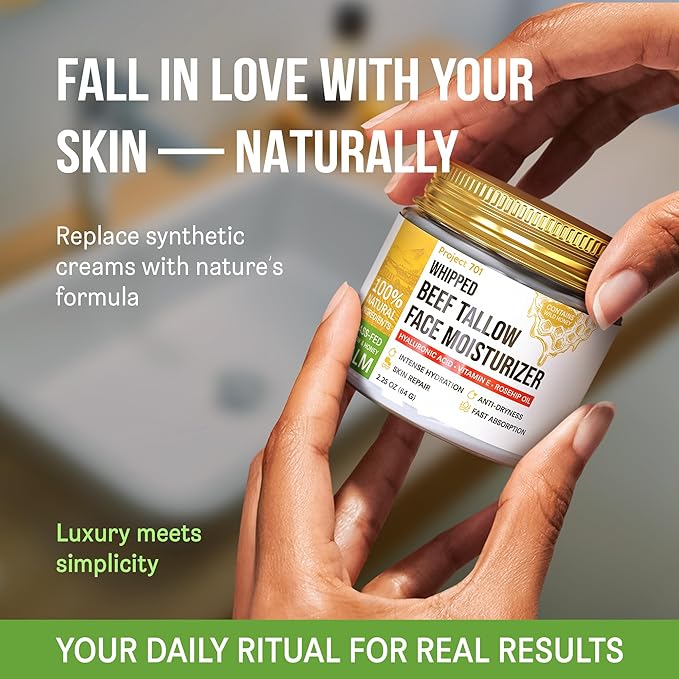 Beef Tallow Face Moisturizer - Grass Fed Tallow & Honey Balm with Liposomal Hyaluronic Acid in Glass Jar - Natural Anti Aging Day & Night Cream for Dry Sensitive Skin - 2.25 oz