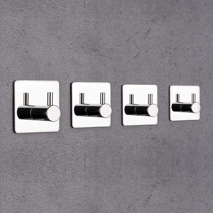 4 Pack Silver Adhesive Wall Hooks, Adhesive Chrome Hooks Bathroom Towel Hooks Chrome SUS 304 Stainless Steel Wall Hooks, Heavy Duty Waterproof Hooks, Robe Hooks for Bathroom Kitchen Bedroom