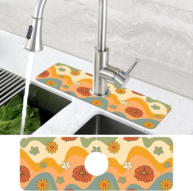 70s Groovy Flowers Sink Faucet Absorbing Mat Retro Waveas Splash Guard Behind Faucet Sink Mat Absorbent Fast Drying Faucet Draining Mat for Bathroom Kitchen 5.5"×15"