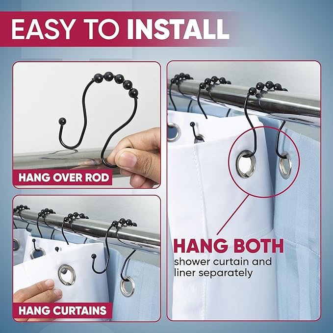 Shower Curtain Hooks Rust Proof (Set of 12) - Stainless Steel Shower Curtain Rings - Anti Slip Roller Balls for Easy Glide (Omega Double Hooks, Matte Black)