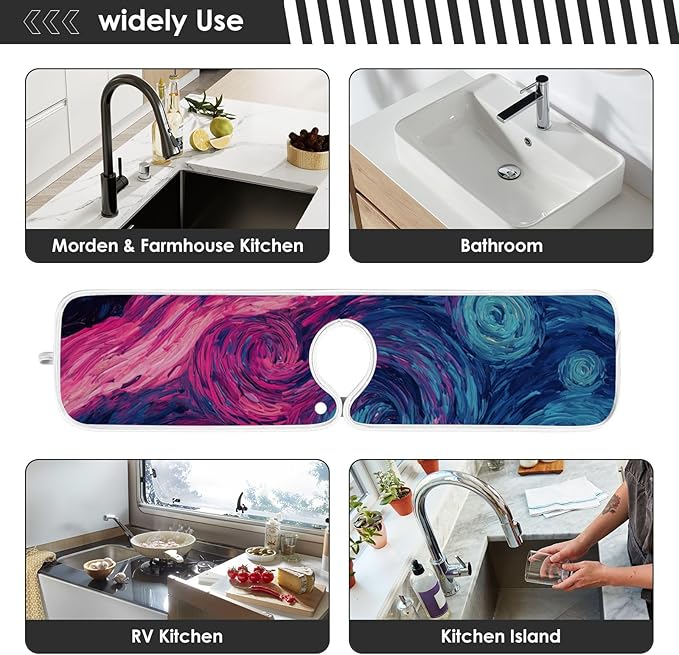 Sink Faucet Absorbing Mat Kitchen Sink Splash Guard Splash Faucet Drip Catcher for Bar RV Bathroom 2PCS 14.9x5.5in Starry Night Sky Swirling Neon Blue