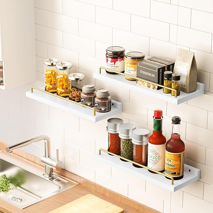 Floating Shelves for Wall Decor, White and Gold Shelves for Bathroom, Living Room, Bedroom, Picture Frames, Plants, Kitchen (Set of 3)
