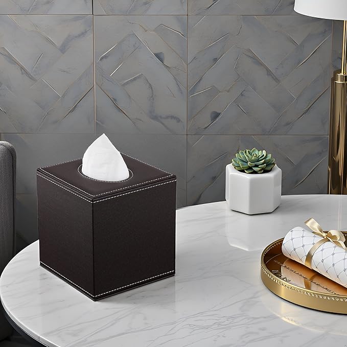 KINGFOM Square Pu Leather Tissue Box Cover, Modern Facial Tissue Holder, Roll Tissues Paper Case Dispenser for Bathroom Vanity Countertop, Night Stands, Office Desk & Car(Brown)