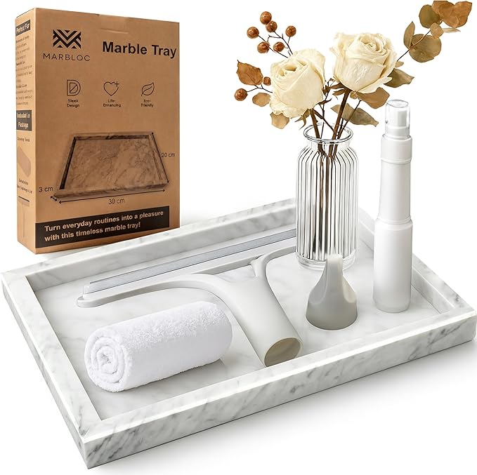 12"x8" Marble Tray White Rectangular Bathroom Tray countertop, Vanity & Kitchen | Includes Mirror Wiper and Wash Towel | Decorative Organizer for Perfume, Jewelry & Home Decor