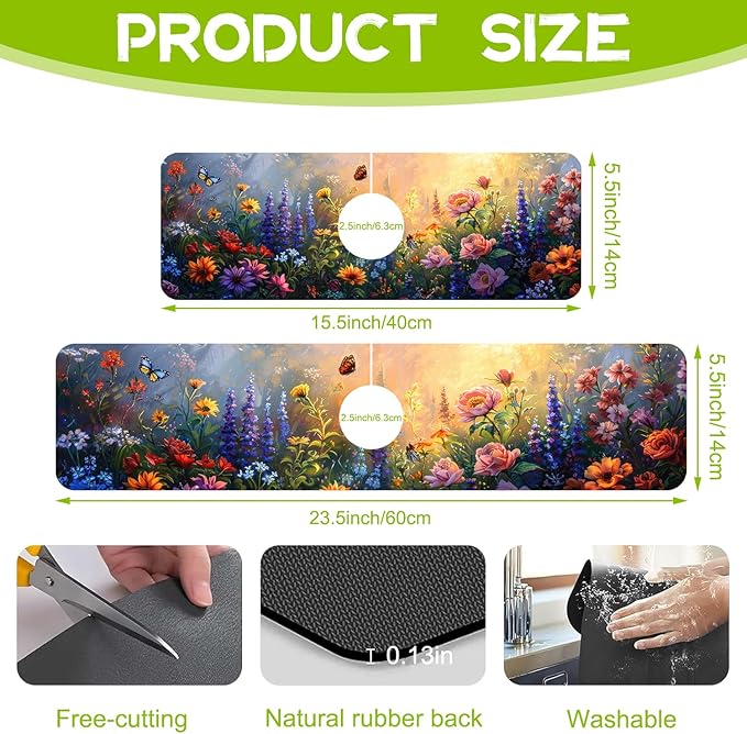 Kitchen Sink Splash Guard Faucet Mat Super Absorbent Fast Drying Mat Guard Behind Faucet Drip Catcher for Kitchen Bathroom (Flowers Bees in the Garden, 23.5"X5.5")