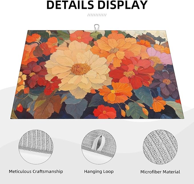 Colorful Floral Dish Drying Mat for Kitchen Counter, 18"x24" Microfiber Absorbent Fast Dry Mat, 2Pcs Dish Mat Faucet Mats Sets, Large Drying Kitchen Mat Kitchen Drying Pad Coffee Bar Decor Gifts
