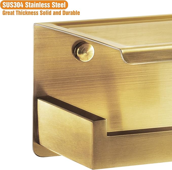 HITSLAM Gold Toilet Paper Holder, Stick on Brushed Brass Toilet Paper Holder with Shelf, Self Adhesive No Drill or Wall-Mount with Screws for Bathroom