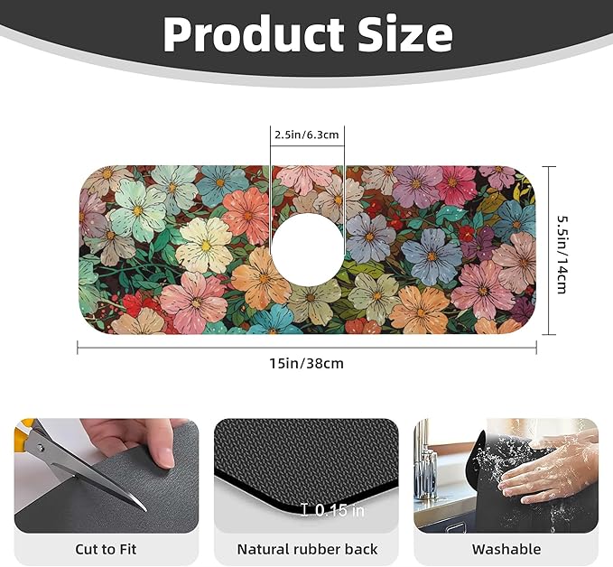 Colorful Wildflowers Dish Drying Mat for Kitchen Counter, 16"x18" Microfiber Absorbent Fast Dry Mat, 2Pcs Dish Mat Faucet Mats Sets, Large Drying Kitchen Mat Kitchen Drying Pad Coffee Bar Decor Gifts
