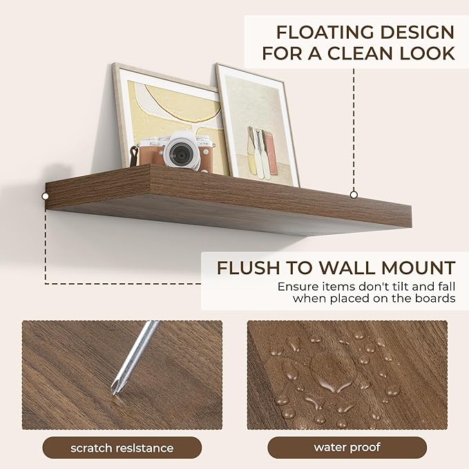 RICHFOCUS 36Inch Floating Shelves for Wall 2 Pack Shelves for Bedroom|Kitchen|Bathroom Wall Mounted Rustic Wood Floating Shelf with Invisible Brackets for Books|Storage|Decor, Walnut