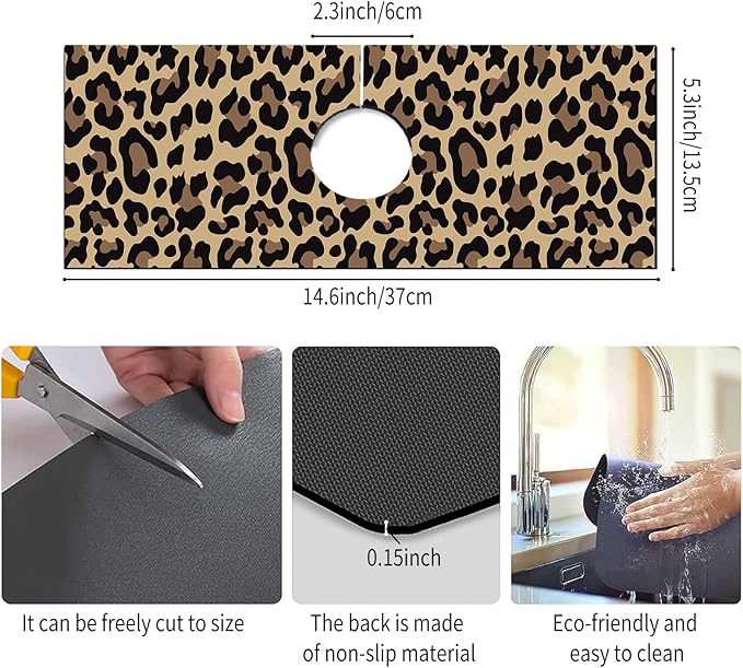Absorbent Splash Guard Mat for Kitchen Sink, 15×5.5 Inch Cute Fast Drying Drip Catcher Behind Faucet Mat, Non-Slip, Washable Sink Mat Gadgets for Bathroom, Kitchen, Bar Brown Leopard