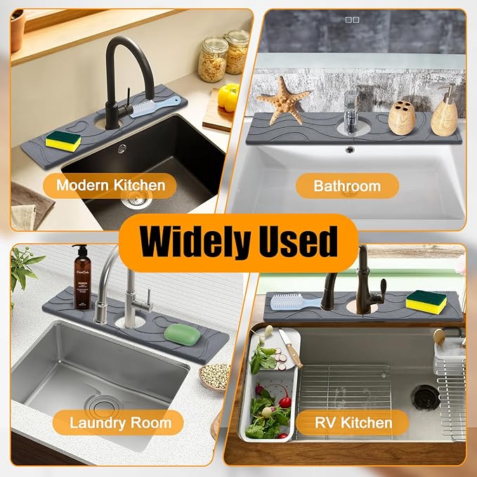 2-Pack Faucet Mat for Kitchen Sink, Diatomite Quick Drying Stone Mat, Splash Guard & Drip Catcher for Faucet Bathroom Counter - Dark Grey (15.7"x4")