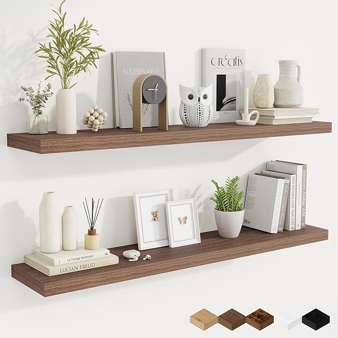 Fun Memories 48 Inch Deep Floating Shelves for Wall, 2 Pack of Long Wall Mounted Wood Shelves with Invisible Brackets for Bathroom, Bedroom, Living Room, Kitchen Decor and Storage, Walnut