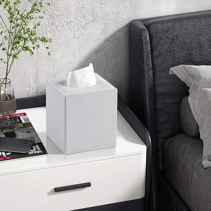 PU Leather Tissue Box Cover Square Tissue Box Holder with Magnetic Closure, Decorative Tissue Holder for Bathroom Bedroom Office (Grey)