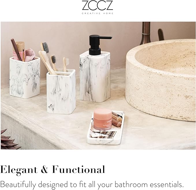 ZCCZ Bathroom Accessory Sets, 4 Pieces Bathroom Accessories Complete Set Vanity Countertop Accessory Set with Marble Look, Includes Lotion Dispenser Soap Pump, Tumbler, Toothbrush Holder and Tray