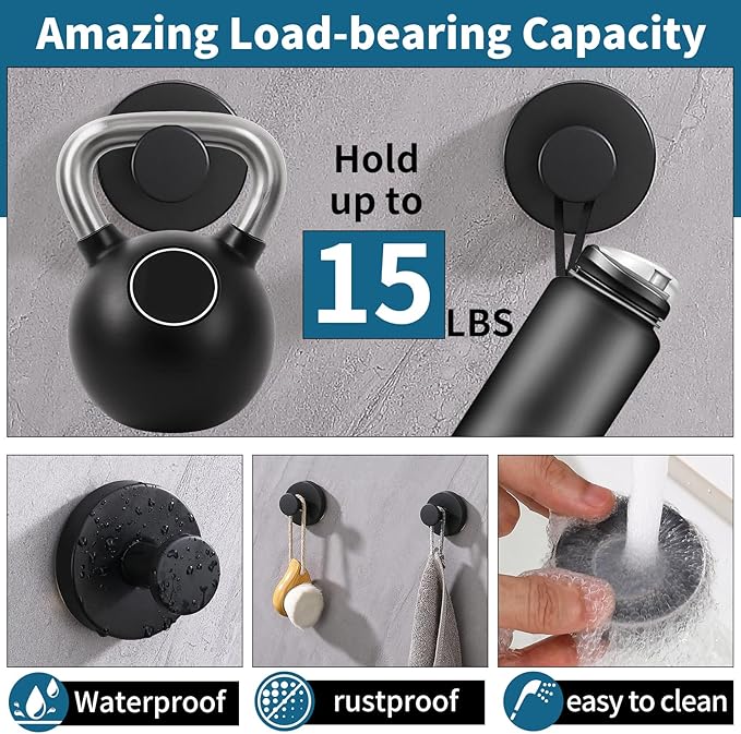 Suction Cup Hooks for Shower 2 Pack Stainless Steel No Drill Removable Waterproof Rustproof for Bathroom Kitchen Glass Mirror Tile to Hang Towels Robes Loofah Wreath (Matte Black)