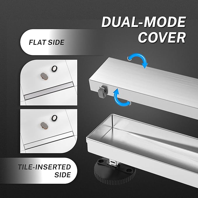 Linear Shower Drain.12 Inch Shower Trench Drain with 2-in-1 Flat Cover & Inser Cover,304 Stainless Rectangle Steel Shower Floor Drain with Hair Strainer and Leveling Feet (Brushed Nickel, 12 in)