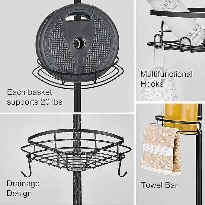 Corner Shower Caddy Tension Pole, Shower Tension Rod Organizer, 4-Tier Adjustable Floor to Ceiling Shower Caddy 33-127inch, No Drilling Shower Shelf for Inside (Black)