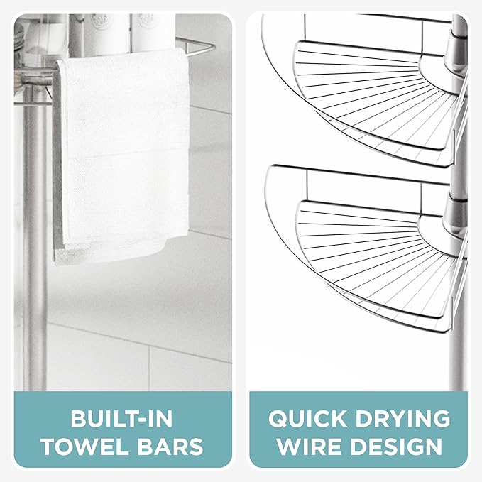 Zenna Home Tension Pole Shower Caddy Corner Organizer, Adjustable Standing Shower Caddy with 4 Baskets and Towel Bar, Rust Resistant Bathroom Tension Rod Organizer, 60 to 97 Inch, Satin Nickel