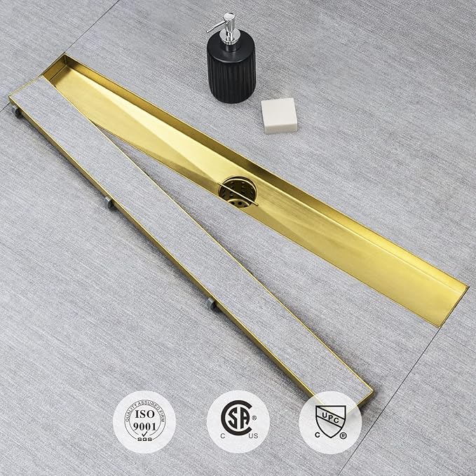 SaniteModar Gold Linear Shower Drain 40 inch with Invisible 2 in 1 Tile Insert Panel, 304 Stainless Steel Brushed Gold Linear Drain with Hair Strainer and Leveling Feet