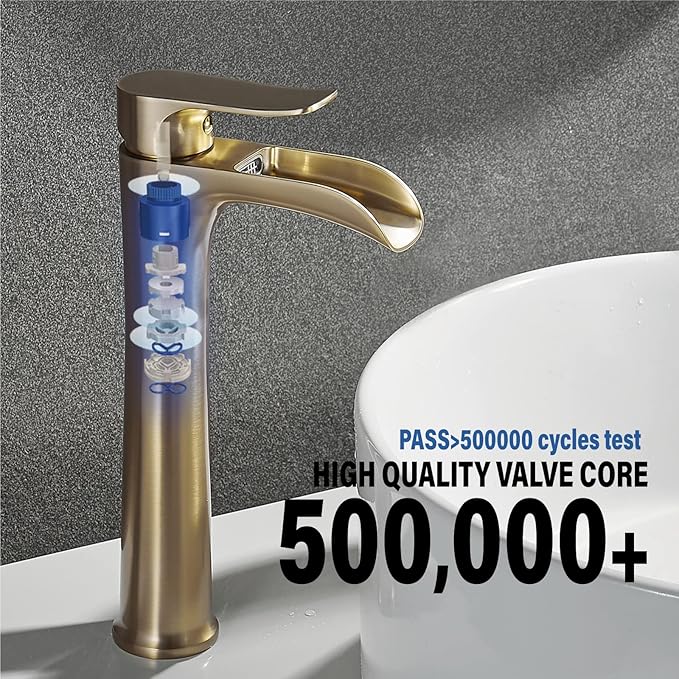 Vessel Sink Faucet,Brushed Gold Bathroom Faucet,Yundoom,Single Hole Bathroom Sink Faucet,Tall Bathroom Faucet Single Handle,Bathroom Bowl Sink Faucet,Waterfall Bathroom Faucet,Bathroom Tall Faucet.