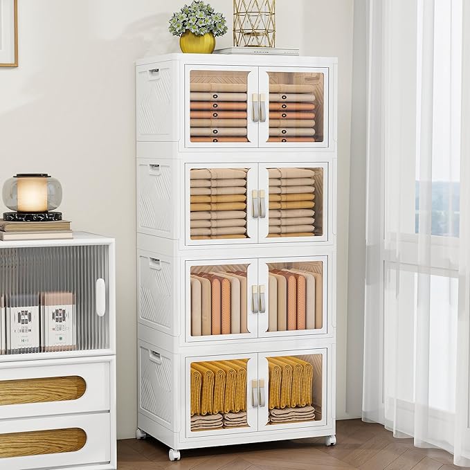 Large Stackable Storage Bins with Lids, 440QT-110QT*4Tier Foldable Cabinet for Closet Organizers, Plastic Storage Containers Box with Wheels