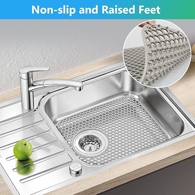 Sink Protectors for Kitchen Sink,2 PCS Silicone Kitchen Mat 13.58"x11.6",Non-Slip Bottom Guard Compatible with Farmhouse/Stainless Steel/Porcelain(Grey, Rear Drain)