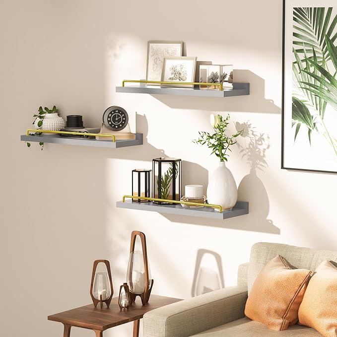 Floating Shelves for Wall Decor, Grey and Gold Shelves for Bathroom, Living Room, Bedroom, Picture Frames, Plants, Kitchen (Set of 3)