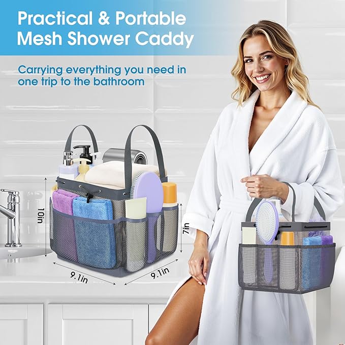 Mesh Shower Caddy Portable with Drawstring, 1 Main Compartment+ 7 Pockets, College Dorm Room Essentials for Girls, Shower Organizer Hanging Bag for Beach, Camp, Swim, Gym, Travel(Grey)