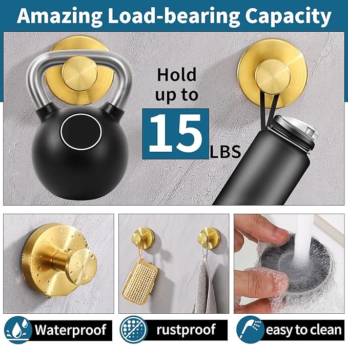 Suction Cup Hooks for Shower 2 Pack Stainless Steel No Drill Removable Waterproof Rustproof for Bathroom Kitchen Glass Mirror Tile to Hang Towels Robes Loofah Wreath (Brushed Gold)