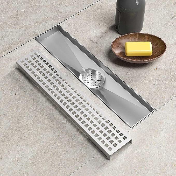 12 Inch Linear Drain Shower Rectangular Floor Drain with Removable Square Hole Cover and Hair Catcher, Long Shower Drains 304 Stainless Steel CUPC Certified (Brushed Nickel)