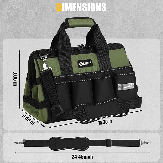 Heavy Duty Tool Bag 15-Inch, 16-Pocket Portable Empty Tool Box Organizer, Big Storage Toolbox Organization, Soft Handle Large Zipper Carrying Toolbag, Valentines Day Gifts for Him Dad Men, Green