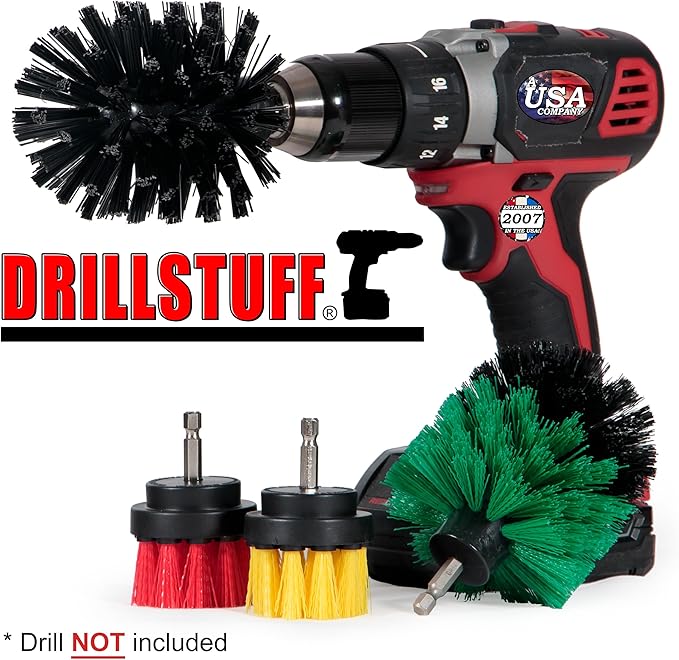 Power Scrubbing Brushes - Cordless Drill Attachment Set - Shower Cleaning Brush for Drill - Stiff Bristle Concrete/Deck Scrub Brushes - Kitchen Stove/Oven/Sink Scrubber - Safe BBQ Grill Cleaning
