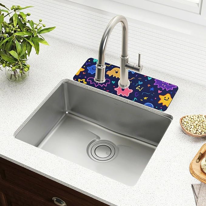 Kitchen Sink Splash Guard 2 PCS 30 Inch Sink Faucet Mat Splash Guard for Bathroom Countertop Water Absorbent Foldable Cuttable Soft Washable Halloween Neon Ghosts Stars and Bats