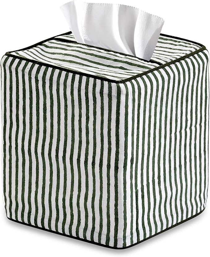 Ridhi Green Stripe Block Print Tissue Box Cover Handmade Cotton Fabric Decorative Square Napkin Holder for Home Bedroom Living Room Bathroom Vanity Countertop Car Night Stands Office Kitchen