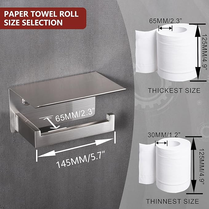 LANC Bathroom Toilet Paper Holder with Shelf, Brushed Nickel Toilet Paper Roll Holder with Wipes Shelf for Bathroom Wall Mount, Stainless Steel Self-Adhesive or Screw TP Holder, A8367BN