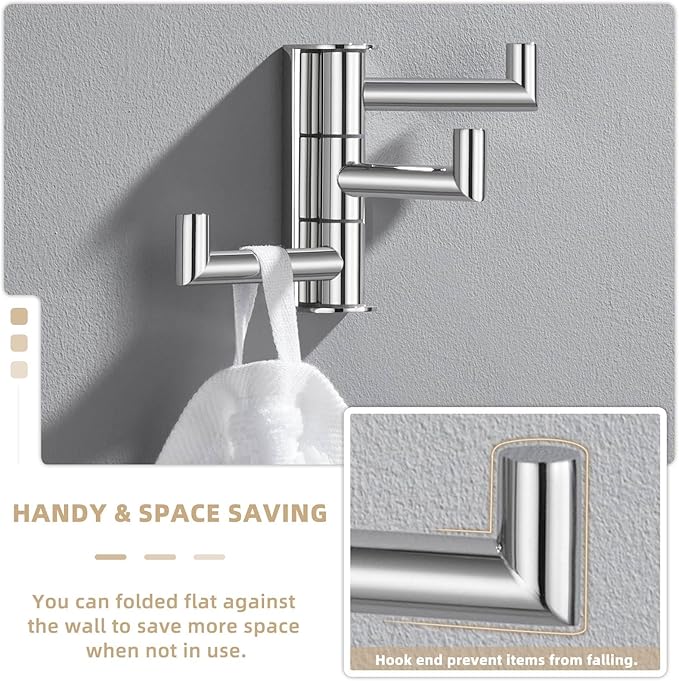 Suyar Bathroom Towel Hook Polished Chrome, SUS 304 Stainless Steel Swivel Robe Hook with 3 Arms, Towel Hanger Wall Mounted