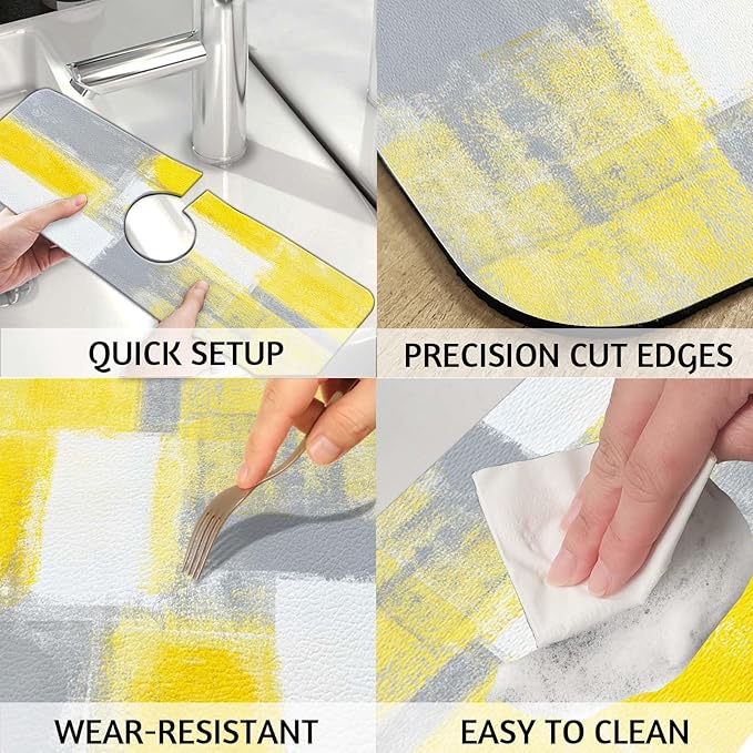MCALK Yellow Kitchen Sink Faucet Mat Splash Guard, Absorbent Quick-Dry Kitchen Sink Mat - Ideal for Splash Guard & Drip Catching with Abstract Art Decor( 1pc 15"x5.5")