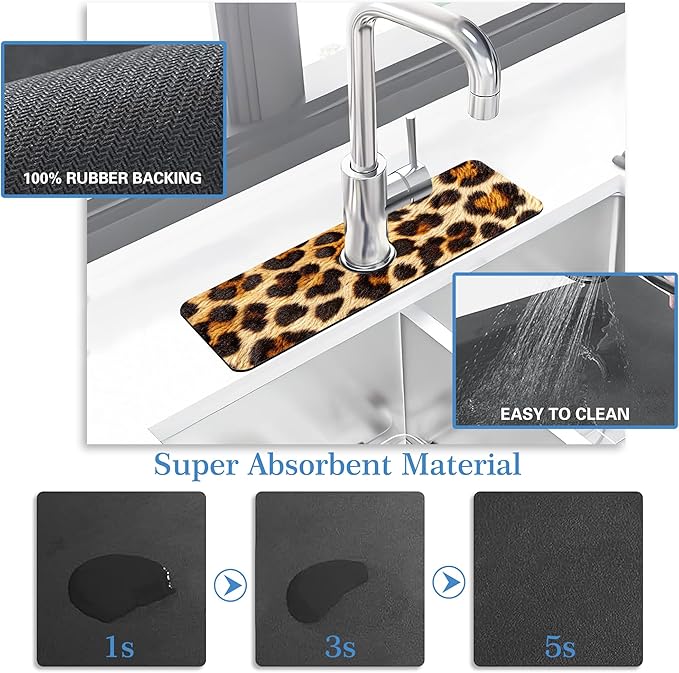 Faucet Mat Splash Guard Leopard Fur Animal Texture, Soft Diatom Mud Material, Strong Water Absorption, Non-slip,Easy to Clean for Bathroom, Kitchen 15"X5.5"