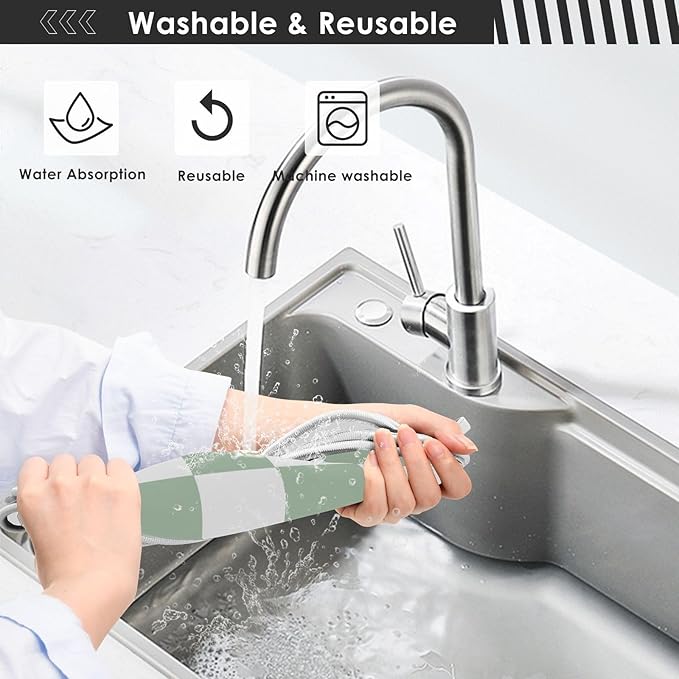 2 PCS Kitchen Sink Splash Guard 30 Inch Faucet Mat for Kitchen Sink Bathroom Sink Faucet Absorbing Drip Drain Mat Pad Microfiber Soft Washable Checkered Green and White