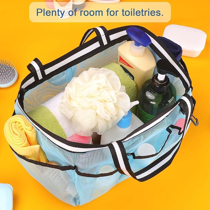Ocim Large Portable Mesh Shower Caddy Bag Tote for Big Size Shampoo Bottles, Collapsible Quick Dry for College Dorm, Camping, Beach Pool Bathroom, Lake Blue