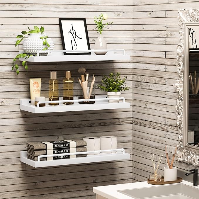 Floating Shelves for Wall Decor, White Shelves for Bathroom, Living Room, Bedroom, Picture Frames, Plants, Kitchen (Set of 3)