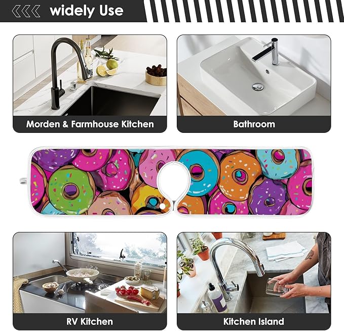 2 PCS Kitchen Sink Splash Guard 14.9 Inch Faucet Mat for Kitchen Sink Bathroom Sink Faucet Absorbing Drip Drain Mat Pad Microfiber Soft Washable Cute Colorful Donuts
