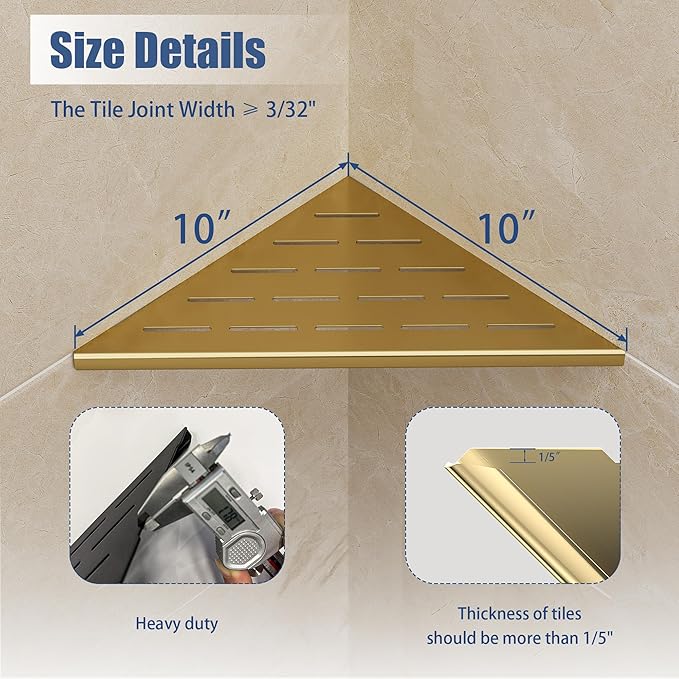 Neodrain 10 Inch Golden Corner Shower Shelves,Set of 2, Gold Corner Shelf for Tile Wall Insert, 304 Stainless Steel Shower Storage Shelves for Bathroom,No Drilling