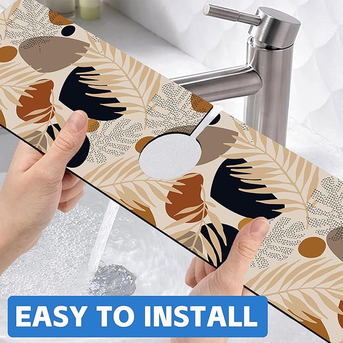 Boho Tropical Leaves Kitchen Sink Splash Guard Mat Absorbent Fast Drying Mat Faucet Draining Mat Sink Splash Guard Behind Faucet Drip Catcher for Kitchen Bathroom 5.5"×24"