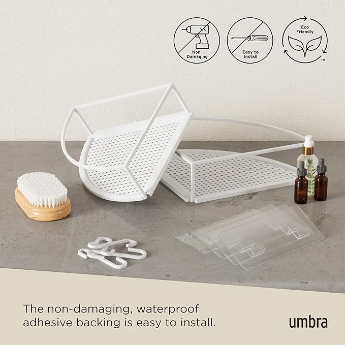 Umbra Cubiko Shower Corner Shelf, Metal Floating Shelves with Adhesive Mounting Strips, 2-Pack, White
